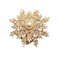 Cubic Zirconia Brooch, Brass, with Plastic Pearl, Flower, gold color plated, micro pave cubic zirconia & for woman, golden 