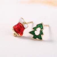 Christmas Earrings, Brass, gold color plated, for woman & enamel, multi-colored 