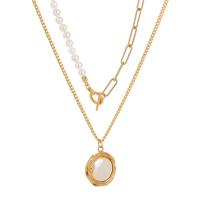 Cristal collar de aleación de Zinc, con Perlas de vidrio, chapado en color dorado, Doble capa & para mujer, 500mm, Vendido por UD