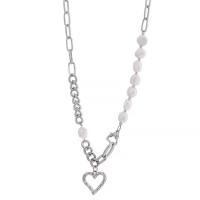 Stainless Steel Jewelry Necklace, 304 Stainless Steel, with Plastic Pearl & Zinc Alloy, Heart, for woman & hollow Approx 17 Inch 