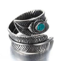 304 Stainless Steel Cuff Finger Ring, with turquoise, Feather, plated & for man 