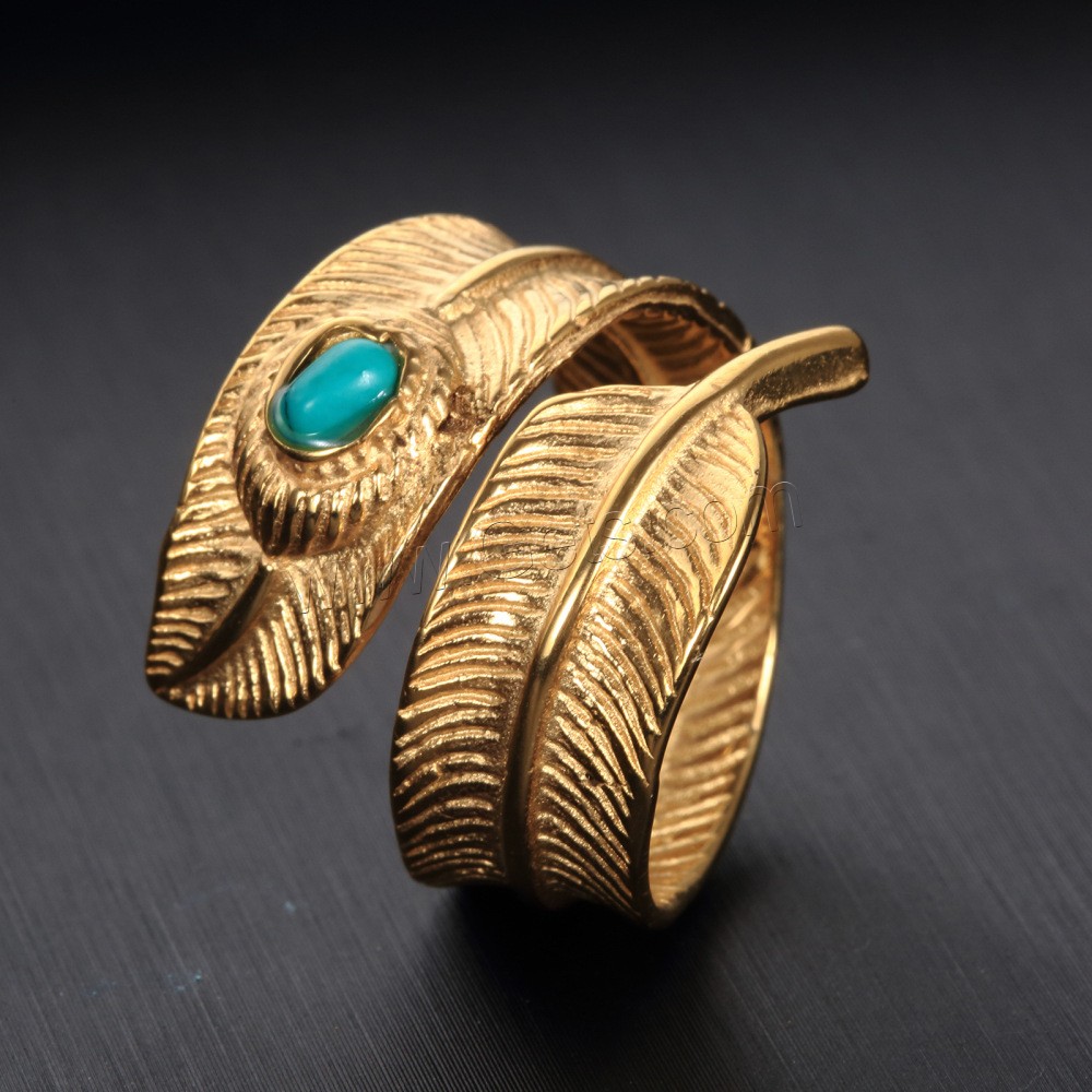 304 Stainless Steel Cuff Finger Ring, with turquoise, Feather, plated, different size for choice & for man, more colors for choice, Sold By PC