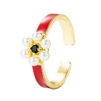 Brass Cuff Finger Ring, with Plastic Pearl, gold color plated, Adjustable & micro pave cubic zirconia & for woman & enamel 20mm 