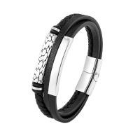 Leather Bracelet, with 316L Stainless Steel, multilayer & braided bracelet & for man, black, 208mm 