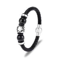 Leather Bracelet, with Titanium Steel, plated, braided bracelet & for man, black, 210mm 