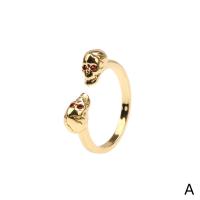 Brass Cuff Finger Ring, Skull, gold color plated, Adjustable & micro pave cubic zirconia & for woman 