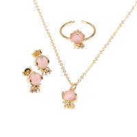Cubic Zirconia Micro Pave Brass Jewelry Sets, finger ring & earring & necklace, with Cats Eye, gold color plated & micro pave cubic zirconia & for woman, pink 