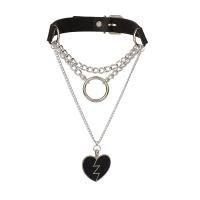 PU -Schnur-Halskette, PU Leder, mit Zinklegierung, Herz, silberfarben plattiert, Modeschmuck & mehrschichtig & Punk-Stil, schwarz, 450x20mm, verkauft von PC