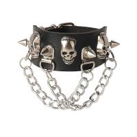 PU Leather Cord Bracelets, with Aluminum Phosphate Turquoise & Zinc Alloy, Skull, silver color plated, fashion jewelry & punk style, black 