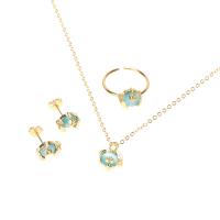 Brass Jewelry Set, finger ring & earring & necklace, with Cats Eye, gold color plated & for woman, light blue 