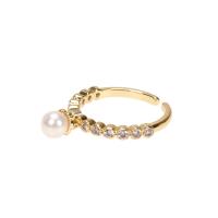 Cubic Zirconia Micro Pave Brass Finger Ring, with Pearl Shell, gold color plated, Adjustable & micro pave cubic zirconia & for woman 