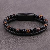 Microfiber PU Bracelet, with Tiger Eye & 316L Stainless Steel, Vacuum Plating, braided bracelet & for man, black 