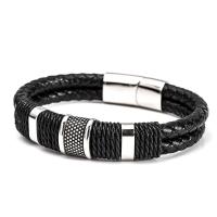 Microfibre PU bracelet, avec acier inoxydable 316L, bracelet tressé & normes différentes pour le choix & pour homme, noire, Vendu par PC