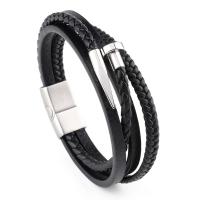 Microfibre PU bracelet, Placage sous vide, multicouche & bracelet tressé & pour homme, noire, Vendu par PC