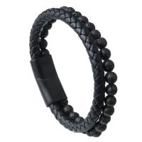 Microfiber PU Bracelet, with Artificial Volcanic Stone & Tiger Eye & 316L Stainless Steel, Vacuum Plating, Double Layer & braided bracelet & for man 