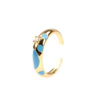 Cubic Zirconia Micro Pave Brass Finger Ring, gold color plated, Adjustable & micro pave cubic zirconia & for woman & enamel, blue 
