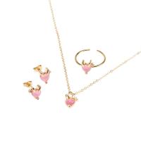 Brass Jewelry Set, finger ring & earring & necklace, with Cats Eye, gold color plated & for woman, pink 