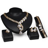 Rhinestone Zinc Alloy Jewelry Set, finger ring & bracelet & earring & necklace, gold color plated, 4 pieces & for woman & with rhinestone, 145mm,  51mm, 19mm, 23mm 