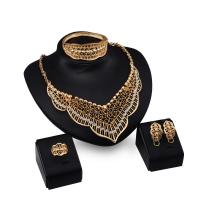 Rhinestone Zinc Alloy Jewelry Set, bangle & finger ring & earring & necklace, gold color plated, 4 pieces & for woman & with rhinestone & hollow, 142mm, 22mm, 39mm, US Ring 