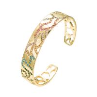 Brass Cuff Bangle, gold color plated, Adjustable & micro pave cubic zirconia & for woman & hollow 