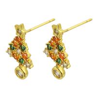 Cubic Zirconia Micro Pave Brass Earring, Christmas Tree, gold color plated, fashion jewelry & micro pave cubic zirconia & for woman, multi-colored 