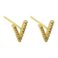 Cubic Zirconia Pendiente Brass Micro Pave, metal, Letra V, chapado en color dorado, Joyería & micro arcilla de zirconia cúbica & para mujer, dorado, 7x9mm, Vendido por Par