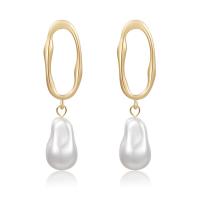 Brass Drop Earring, with Plastic Pearl, gold color plated, for woman, golden 