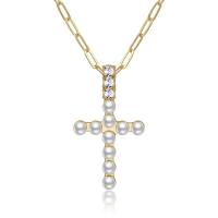 Plastic Pearl Necklace, Brass, with Plastic Pearl & Zinc Alloy, with 1.97 extender chain, Cross, gold color plated, micro pave cubic zirconia & for woman, golden .75 Inch 