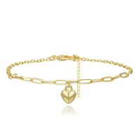 Brass Bracelets, with 1.97 extender chain, Heart, gold color plated, for woman, golden .7 Inch 