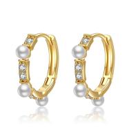 Brass Huggie Hoop Earring, with Plastic Pearl, Round, gold color plated, micro pave cubic zirconia & for woman, golden 