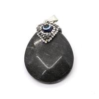 Black Stone Pendants, with Rhinestone Clay Pave & Resin & Brass, Teardrop, silver color plated, DIY, black 