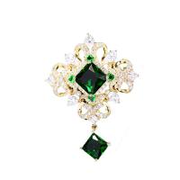 Cubic Zirconia Brooch, Brass, Square, gold color plated, micro pave cubic zirconia & for woman, green 