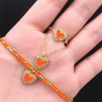 Cubic Zirconia Micro Pave Brass Jewelry Sets, finger ring & bracelet & necklace, gold color plated, micro pave cubic zirconia & for woman & enamel, orange Approx 17.7 Inch 