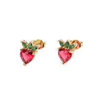 Cubic Zirconia Micro Pave Brass Earring, Strawberry, gold color plated, micro pave cubic zirconia & for woman, red 