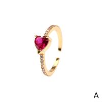 Кубическое цирконовое латунное кольцо, Латунь, Сердце, плакирован золотом, Регулируемый & инкрустированное микро кубического циркония & Женский, Много цветов для выбора, продается PC