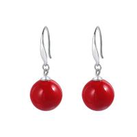 Sterling Silver Drop Earring, 925 Sterling Silver, with Plastic Pearl, plated & for woman, red, 27mm 