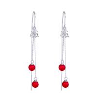 Sterling Silver Thread Through Earrings, 925 Sterling Silver, with Plastic Pearl, platinum color plated, for woman & with rhinestone, red, 75mm 