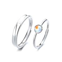 Couple Finger Rings, 925 Sterling Silver, with Moonstone, platinum color plated, Adjustable & open 