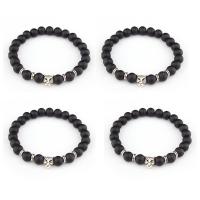 Abrazine Stone Bracelet, with Zinc Alloy, Leopard, silver color plated, Boy & elastic & Unisex, black, 8mm 