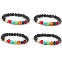 Gemstone Bracelets, Lava, with Gemstone & Zinc Alloy, Round, gold color plated, Unisex, mixed colors, 8mm .5 Inch 