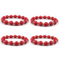 Synthetic Turquoise Bracelet, with rhinestone zinc alloy spacer, Round, silver color plated, elastic & Unisex, red, 8mm .5 Inch 