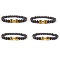 Gemstone Bracelets, Abrazine Stone, with Zinc Alloy, Round, gold color plated, elastic & Unisex, black, 8mm .5 Inch 