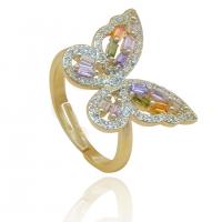 Cubic Zirconia Micro Pave Brass Finger Ring, Butterfly, gold color plated, Adjustable & micro pave cubic zirconia & for woman, multi-colored 