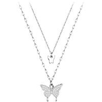 Cubic Zircon Micro Pave Sterling Silver Necklace, 925 Sterling Silver, Butterfly, platinum plated, Double Layer & micro pave cubic zirconia & for woman cm 