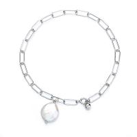 Pearl Sterling Silver Bracelets, 925 Sterling Silver, with Freshwater Pearl, platinum color plated, for woman Approx 8.07 Inch 