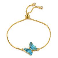 Crystal Bracelets, Brass, with Crystal, Butterfly, real gold plated, Adjustable & micro pave cubic zirconia & for woman 230mm 