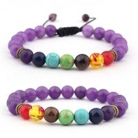 Gemstone Bracelets, Amethyst, with Polyester Cord & Gemstone & Zinc Alloy, Round, gold color plated, Unisex mixed colors, 8mm .5 Inch 