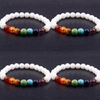 Gemstone Bracelets, Howlite, with Gemstone & Zinc Alloy, Round, gold color plated, elastic & Unisex, mixed colors, 8mm .5 Inch 