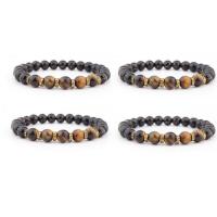 Gemstone Bracelets, Obsidian, with Tiger Eye & Zinc Alloy, Round, gold color plated, elastic & Unisex, mixed colors, 8mm .5 Inch 