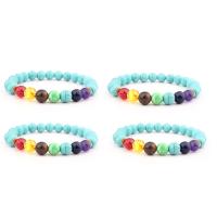 Gemstone Bracelets, Synthetic Turquoise, with Gemstone & Zinc Alloy, Round, gold color plated, elastic & Unisex, mixed colors, 8mm .5 mm 